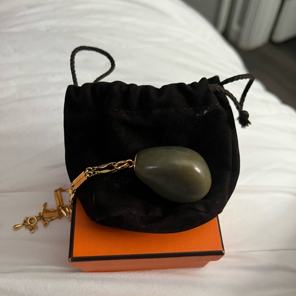Hermes Green Stone Necklace with Gold Chain